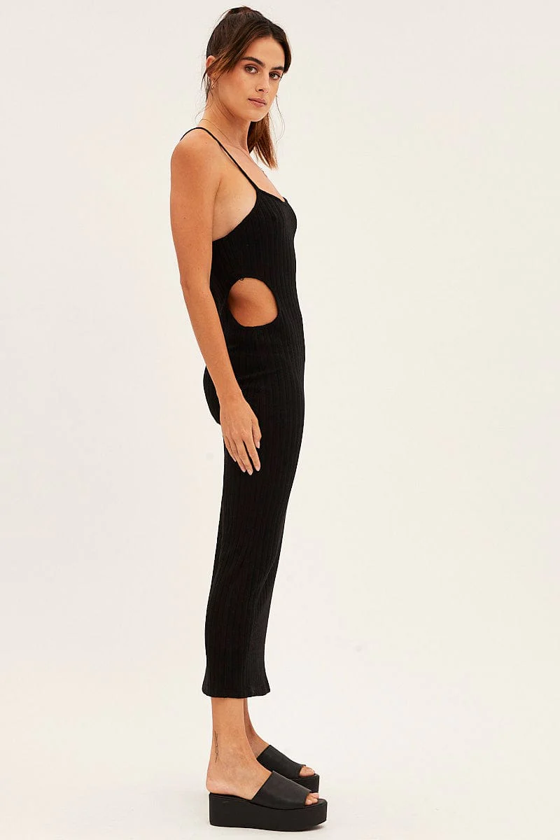 Black Ribbed Midi Dress Cutout