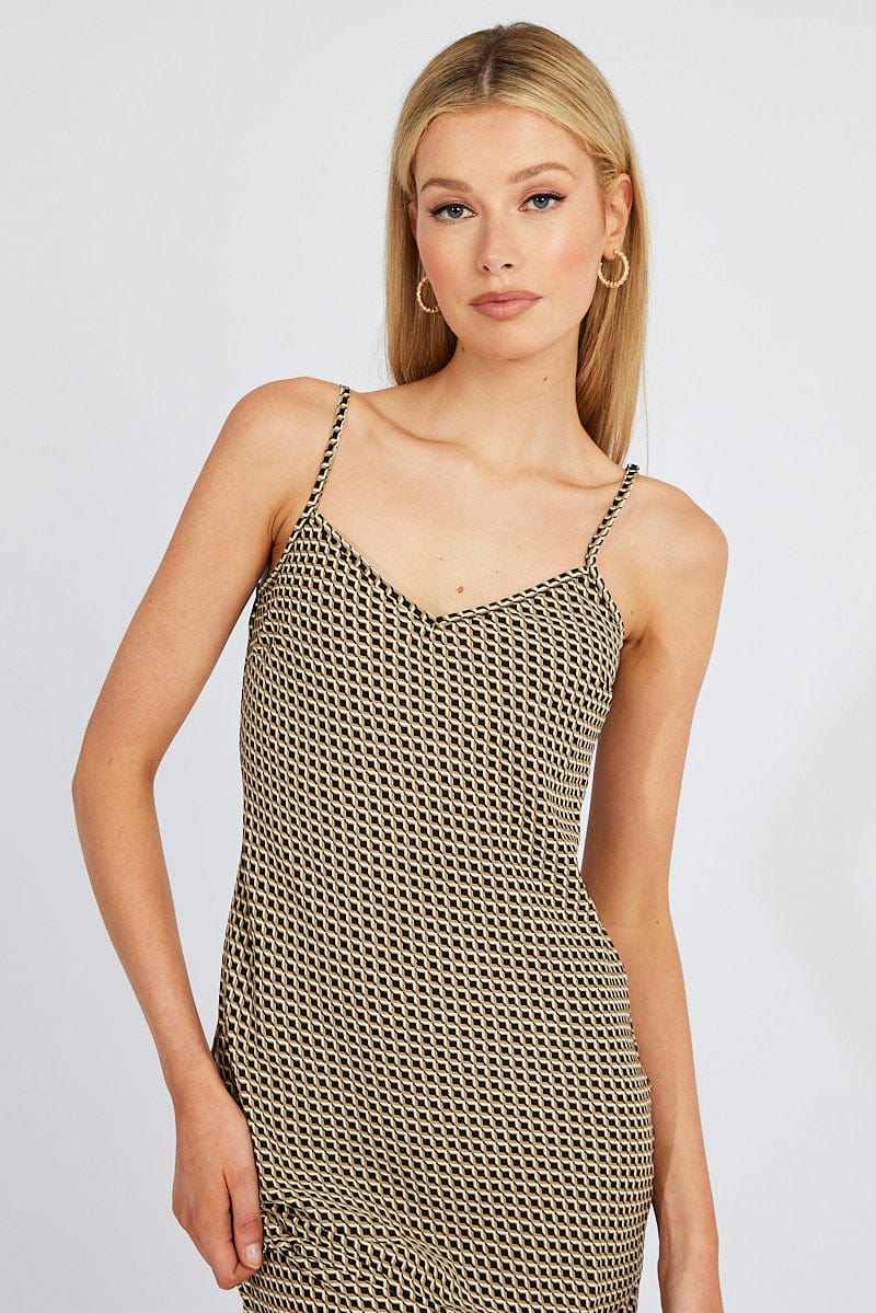 Brown Geo Maxi Dress Bias Cut