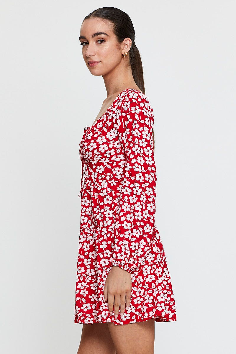 Print Mini Dress Long Sleeve Square Neck