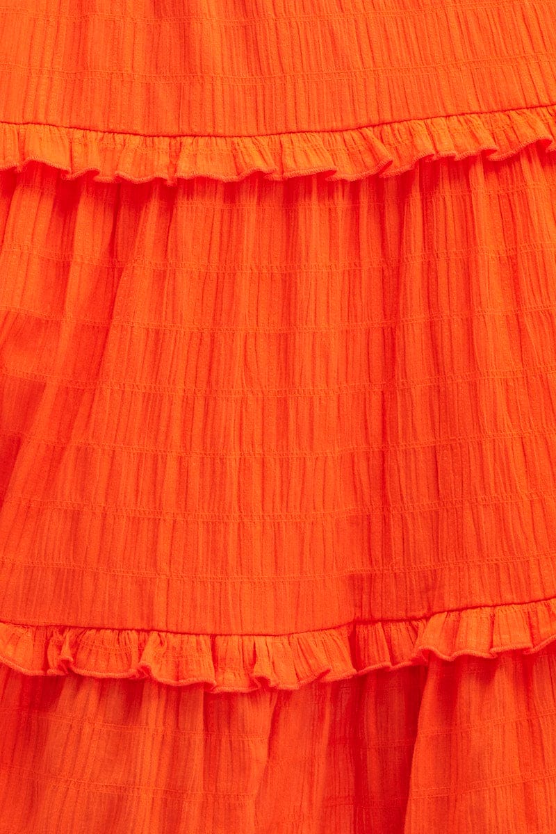 Orange Midi Dress Sleeveless Shirred Texture Cotton