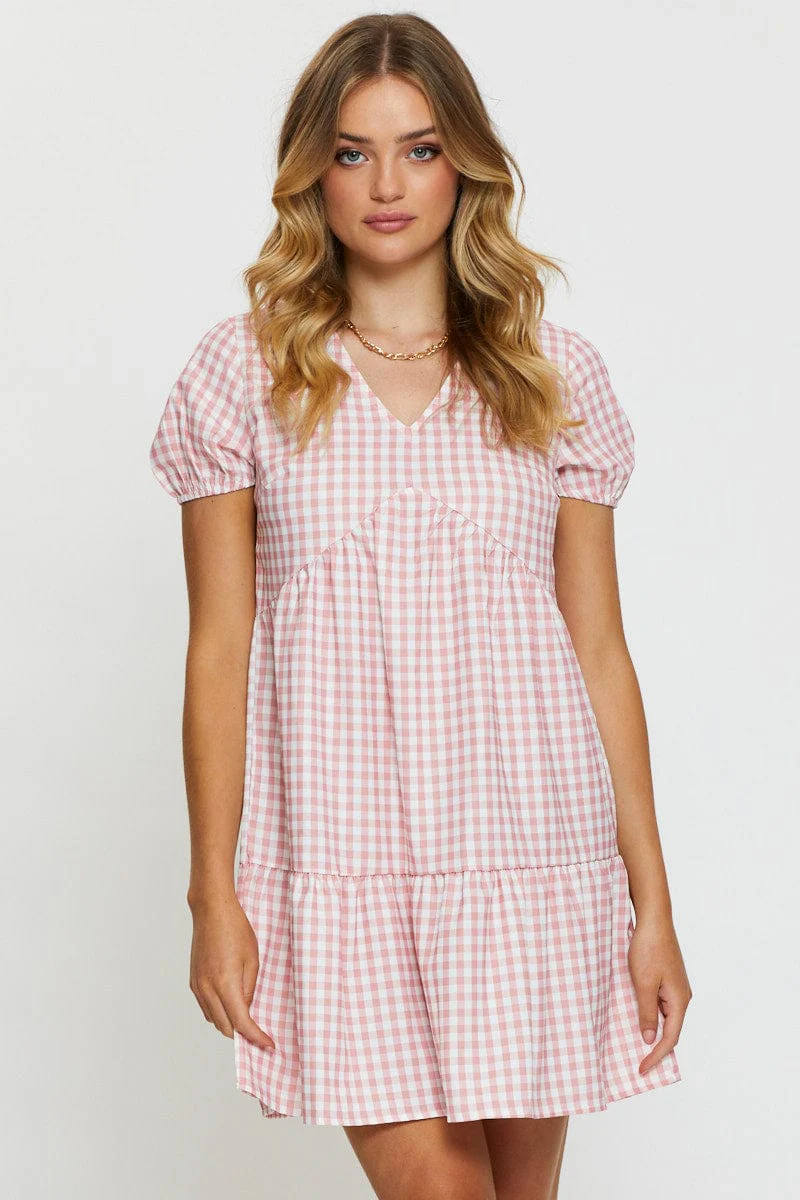 Check Mini Dress V Neck
