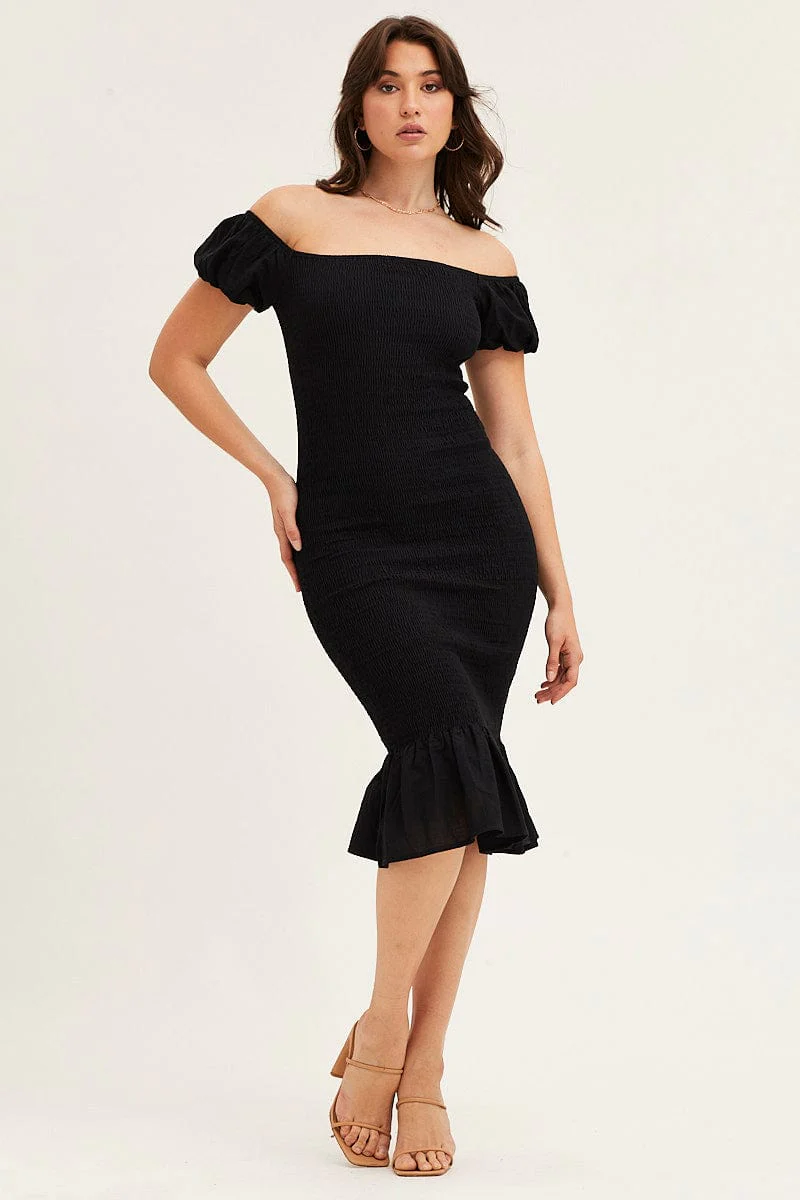 Black Shirred Midi Dress
