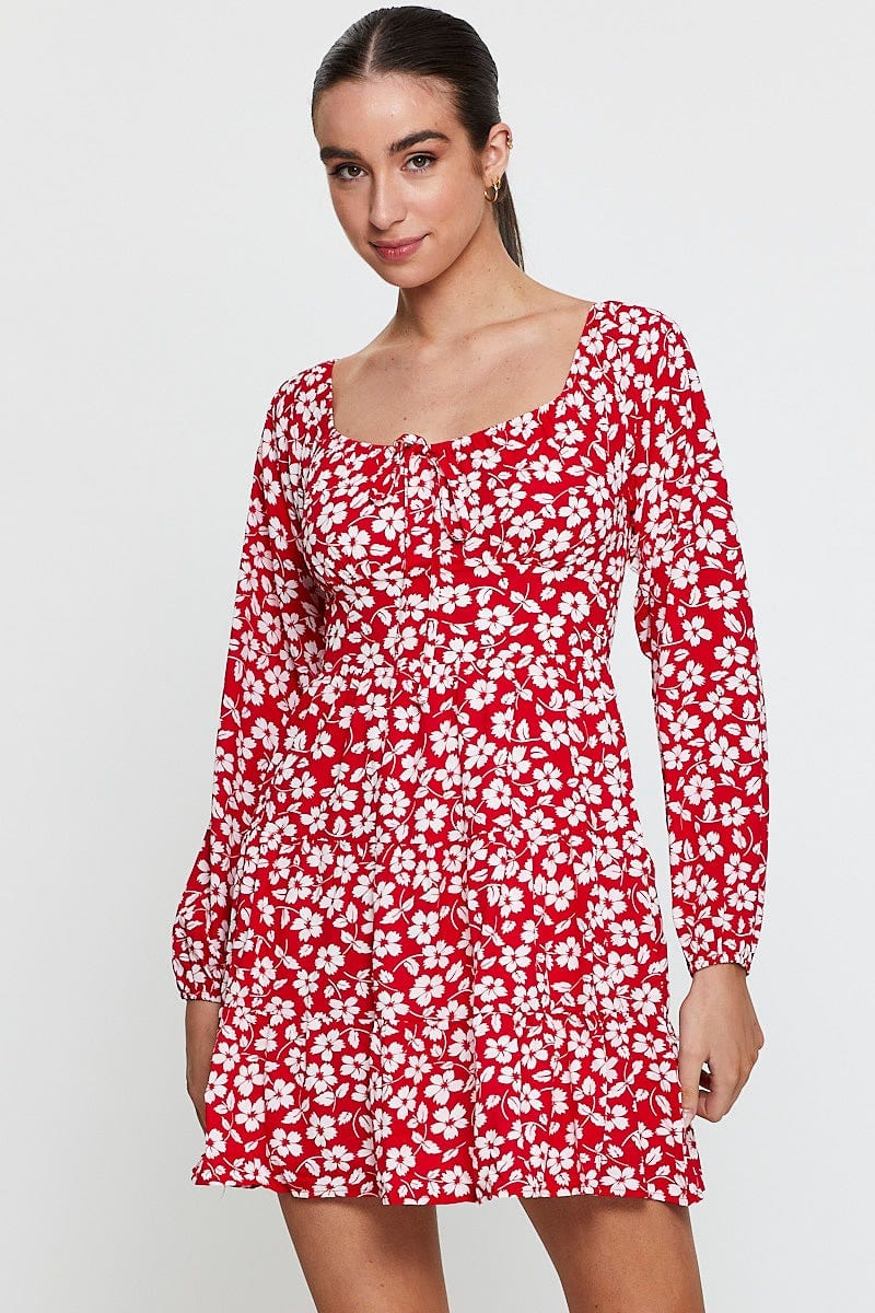 Print Mini Dress Long Sleeve Square Neck