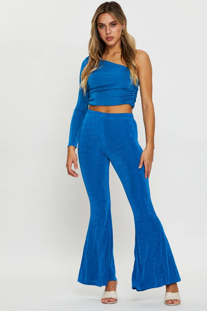 Blue Slinky Jersey One Shoulder Top