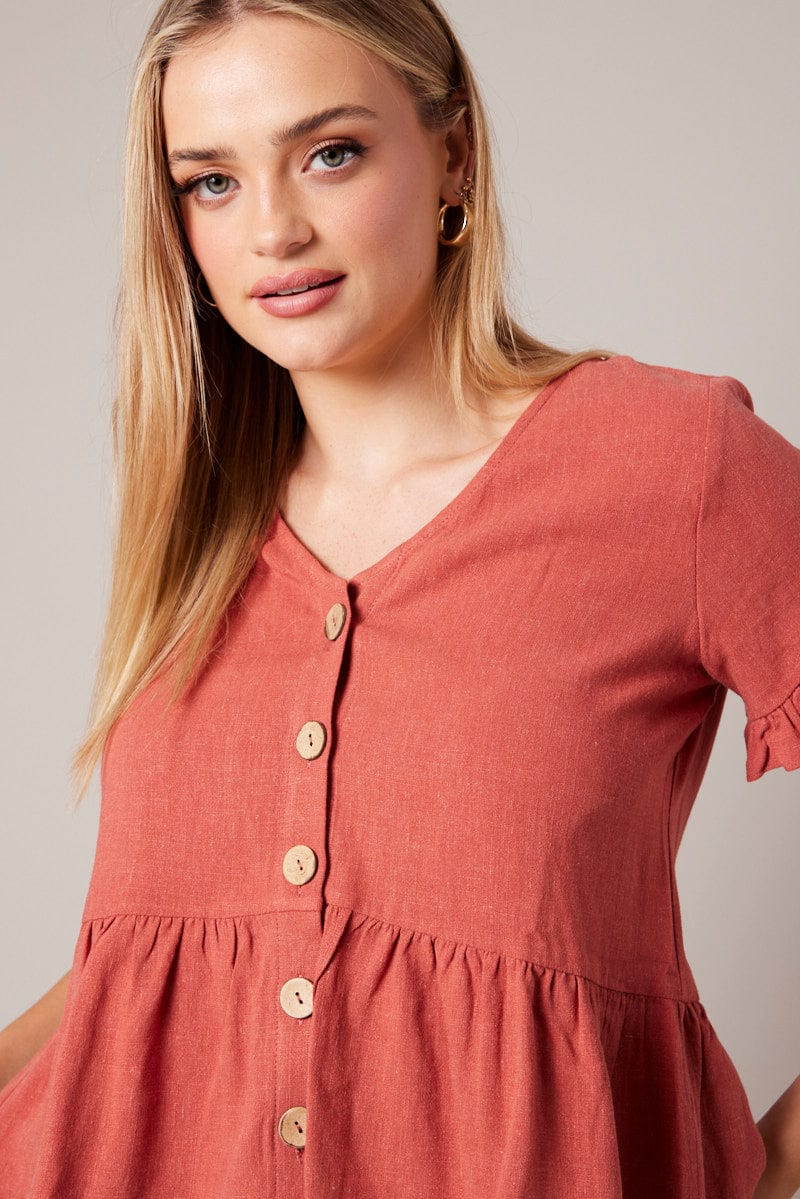 Brown Button Up Top V-Neck Frill Hem Top Linen