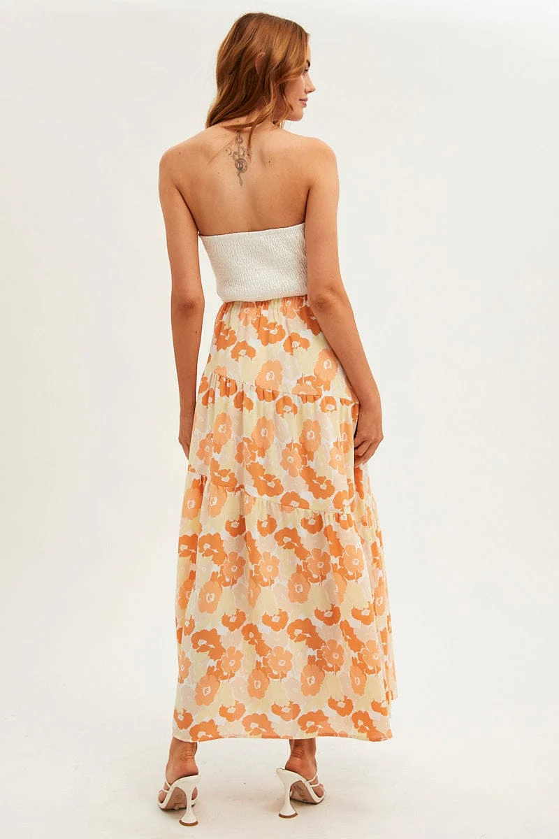 Orange Floral Maxi Skirt Asymmetric Tier Floral Print