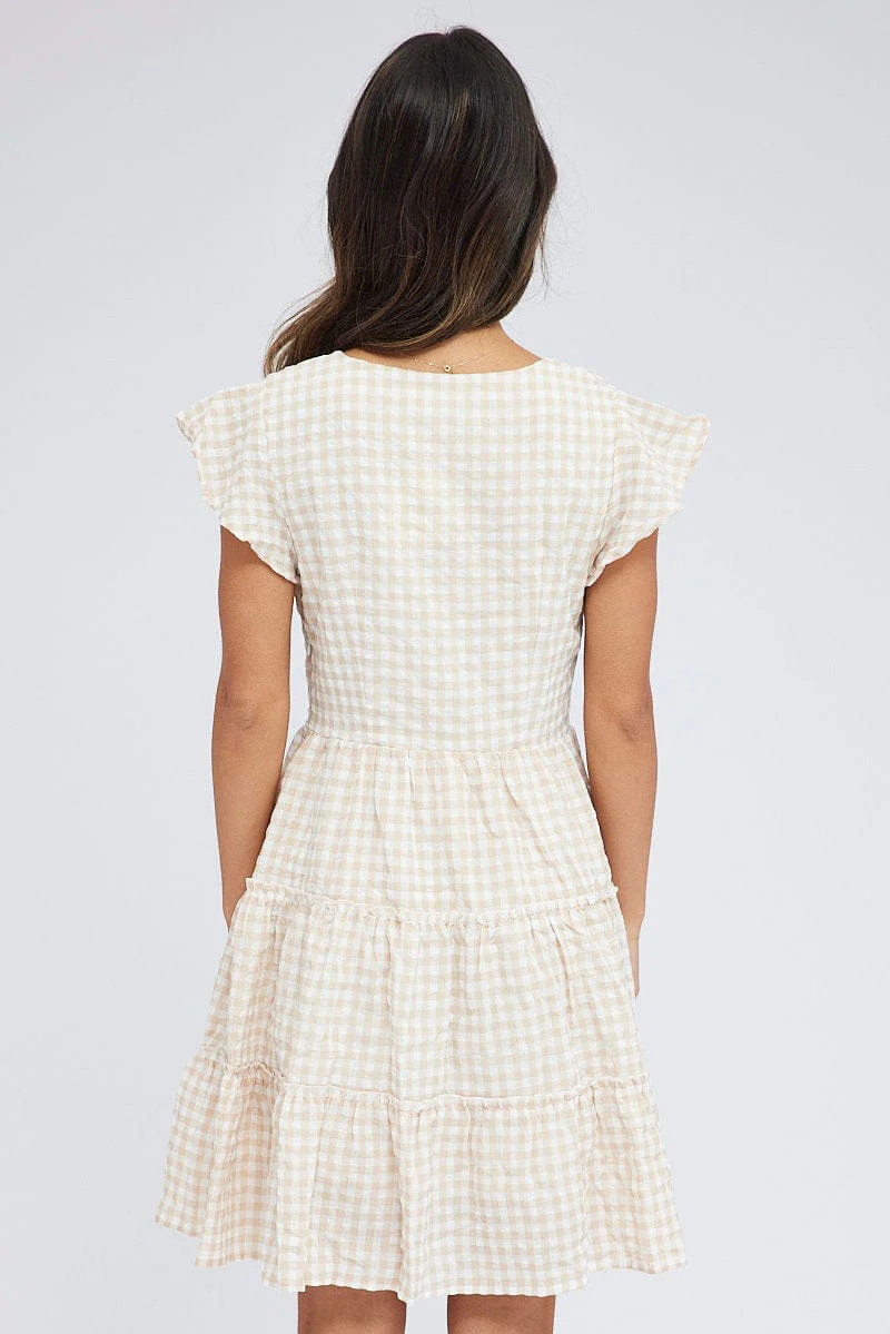 Beige Check Fit and Flare Dress Short Sleeve Tiered