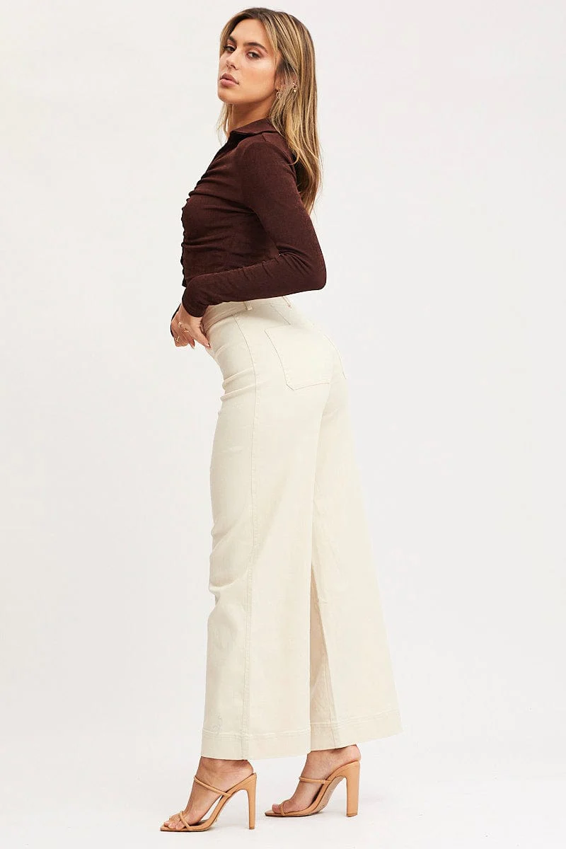 Beige Wide Leg Pants High Rise