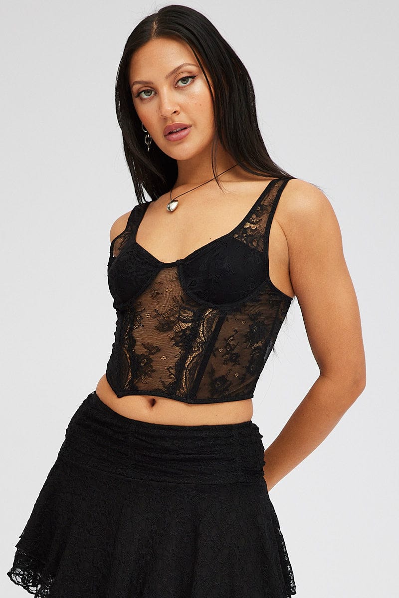Black Black Lace Top Short Sleeve Slightly Stretch