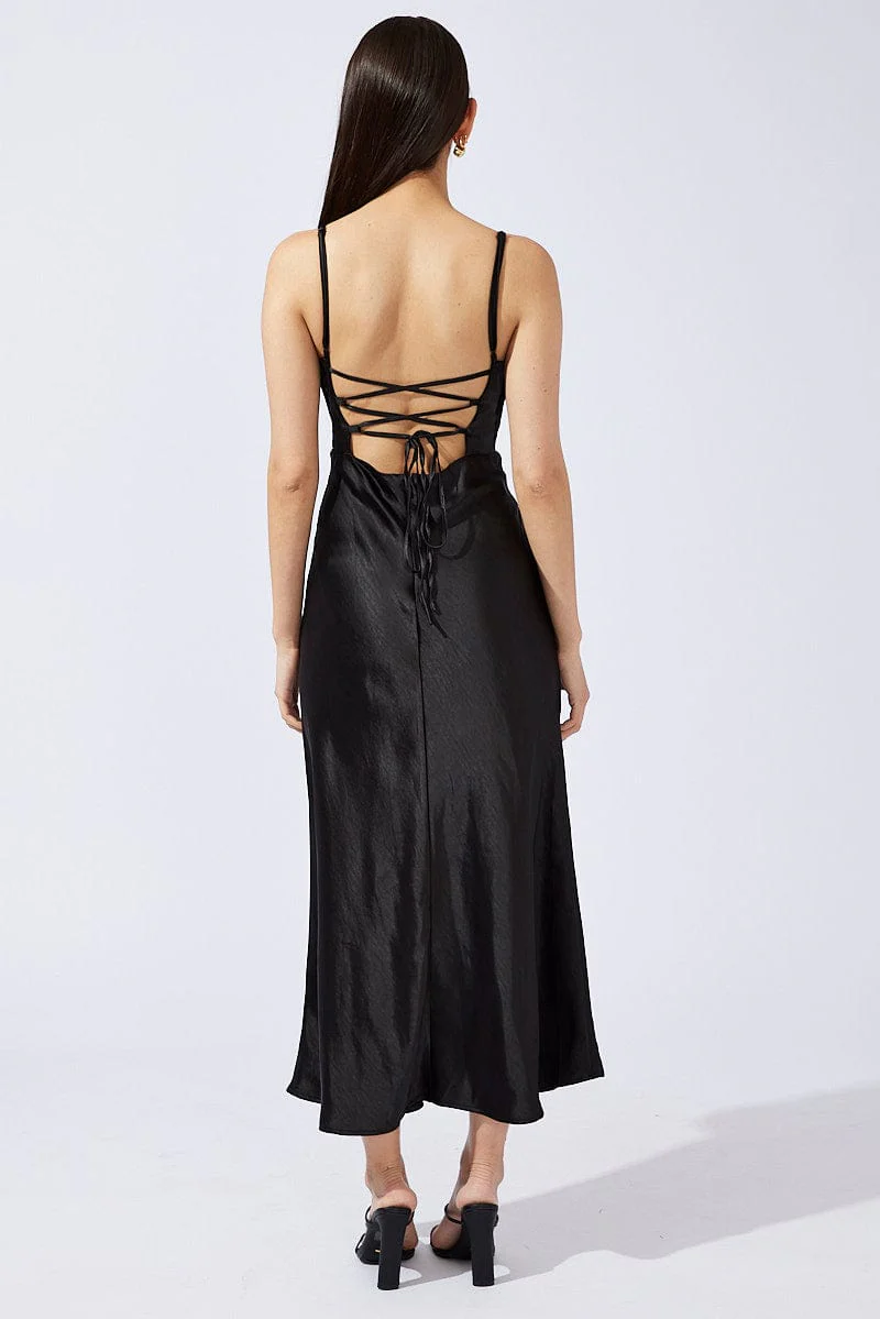 Black Midi Dress Sleeveless Cowl Neck Satin Slip Lace