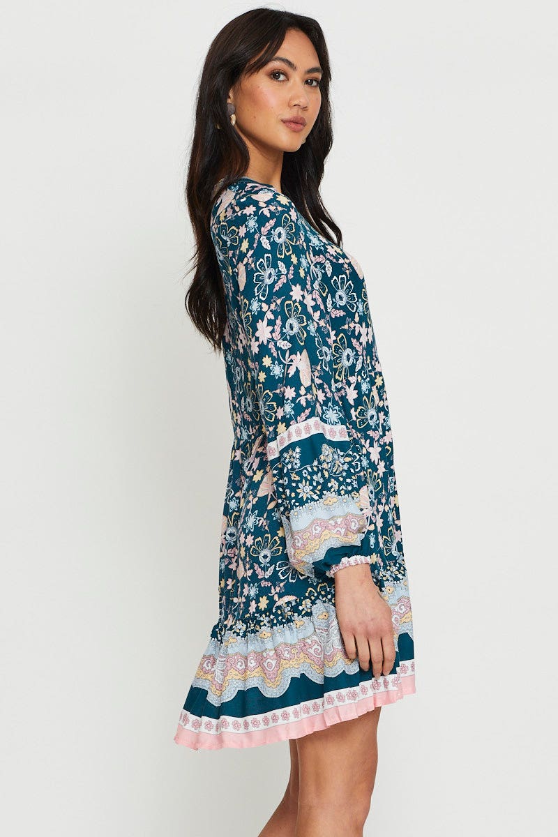Print Mini Dress Long Sleeve