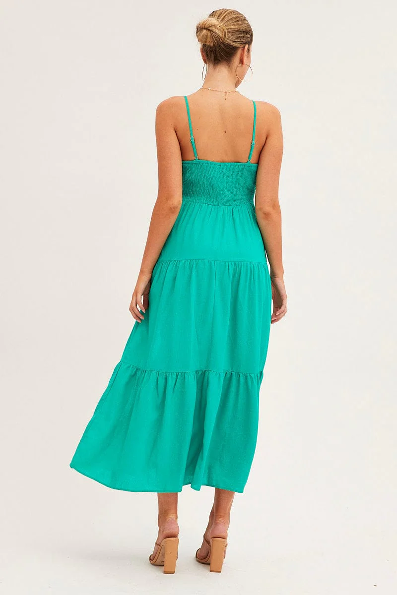Green Maxi Dress Sleeveless Square Neck Linen Blend