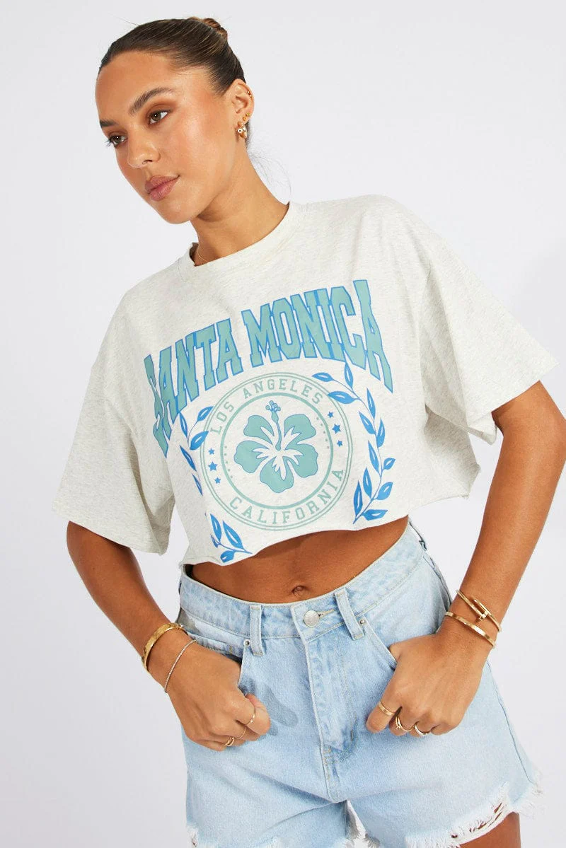 Grey Graphic Tee Flower Slogan Crop T-shirt