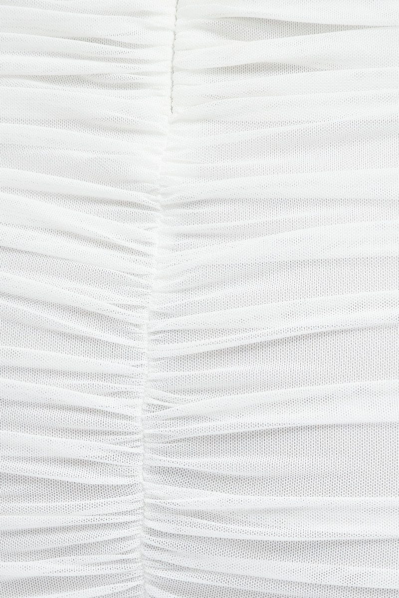 White Mini Dress Long Sleeve Halter Bodycon Ruched Mesh