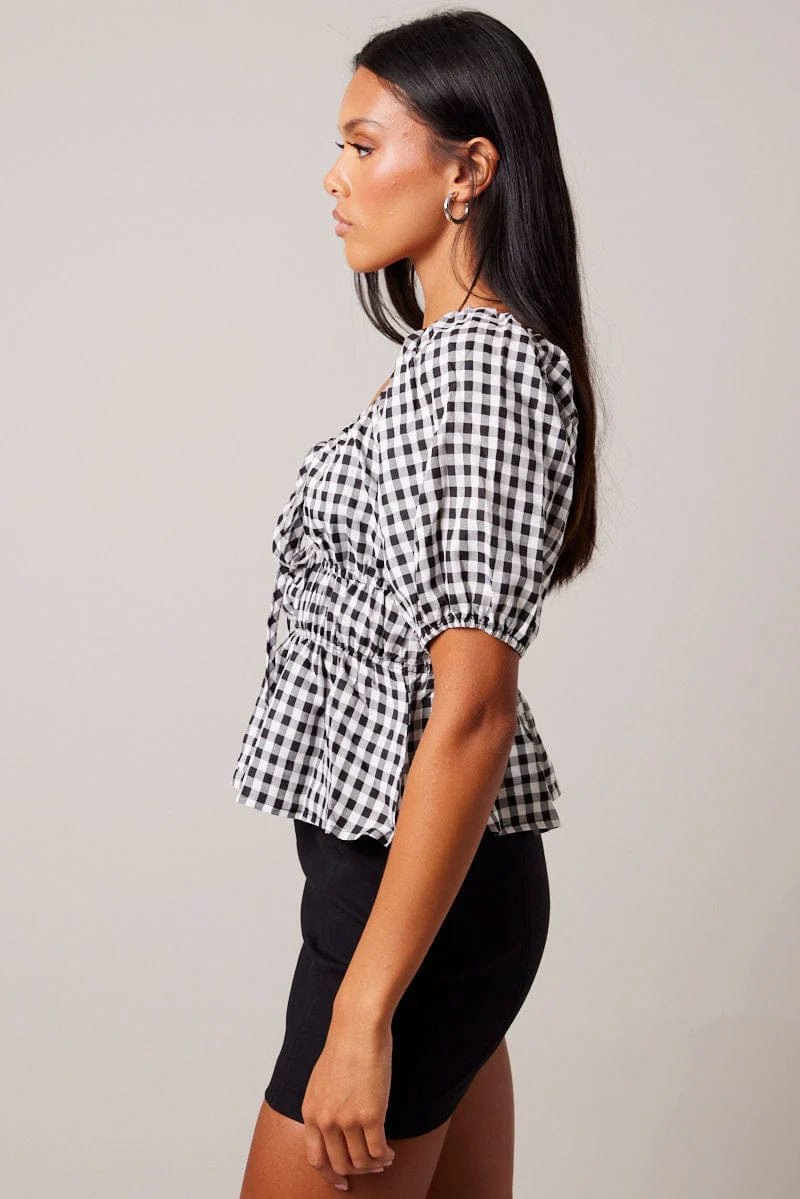 Yellow Check Ruched Peplum Top Short Sleeve