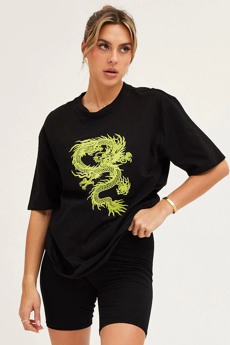 Black Crew Neck Oversized Graphic T-Shirt