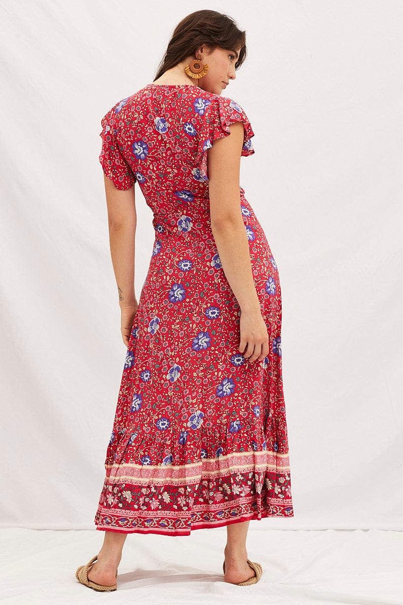 Boho Print V-Neck Short Sleeve Maxi Dress