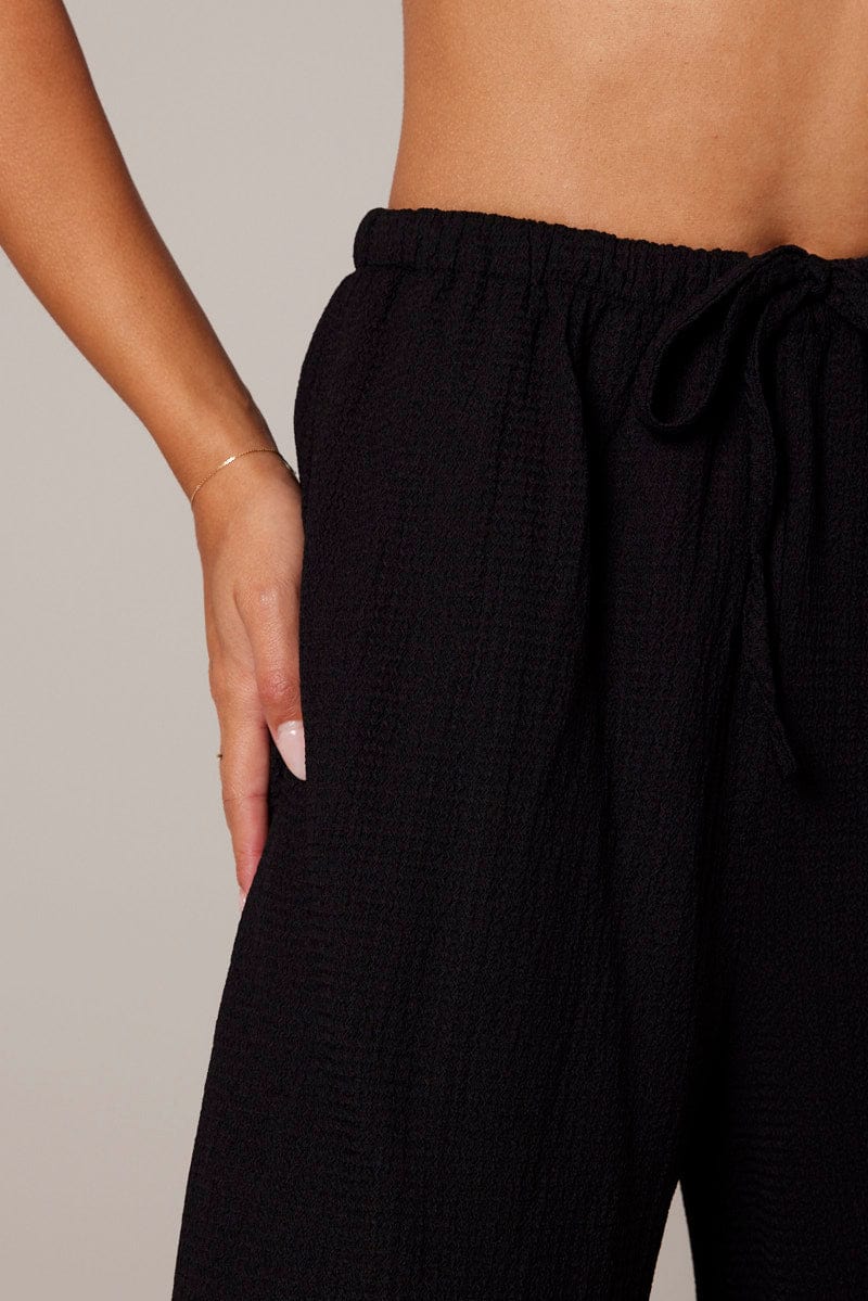 Black Wide Leg Pants High Rise Textured Fabric