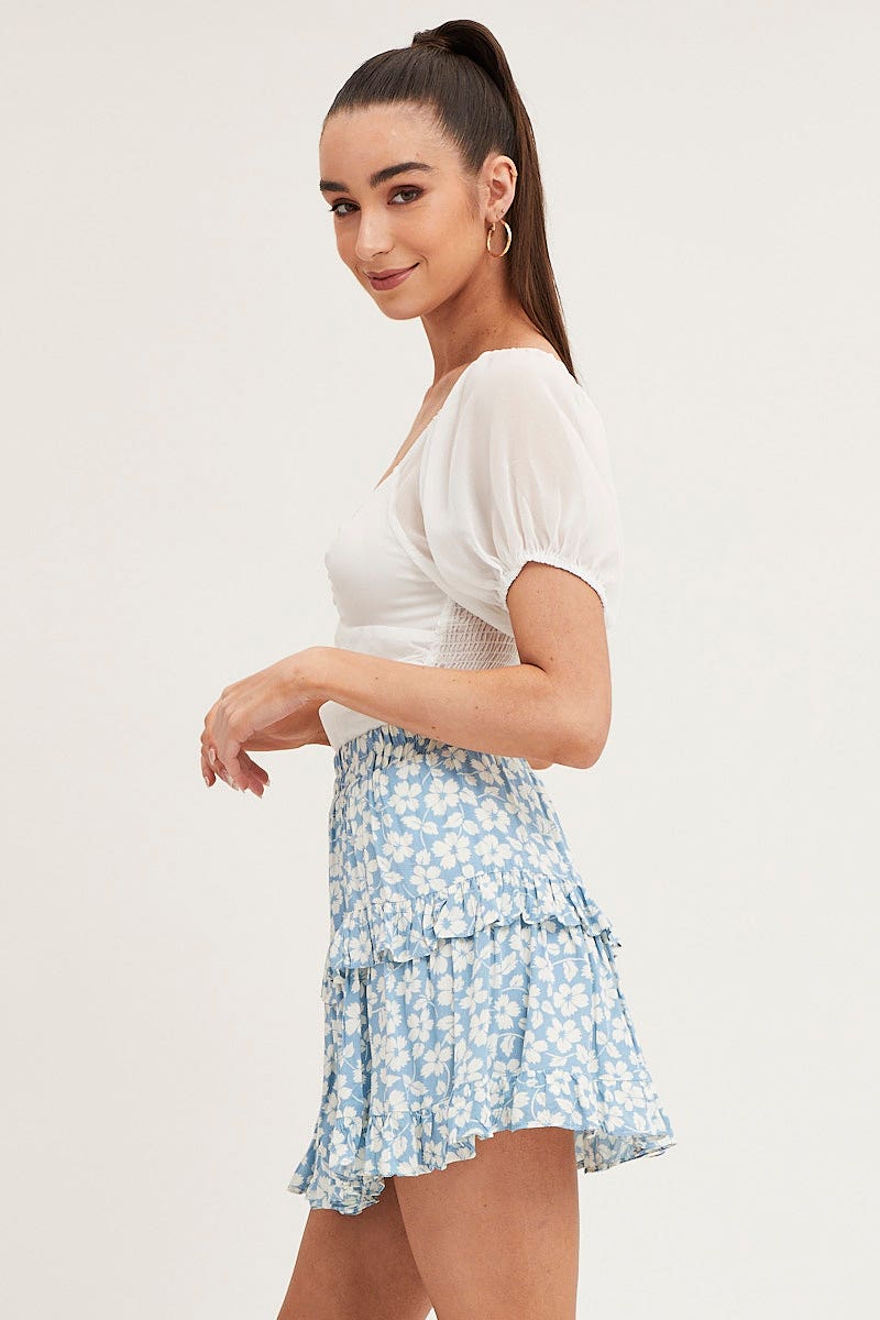 Print Elastic Waist Mini Skater Skirt