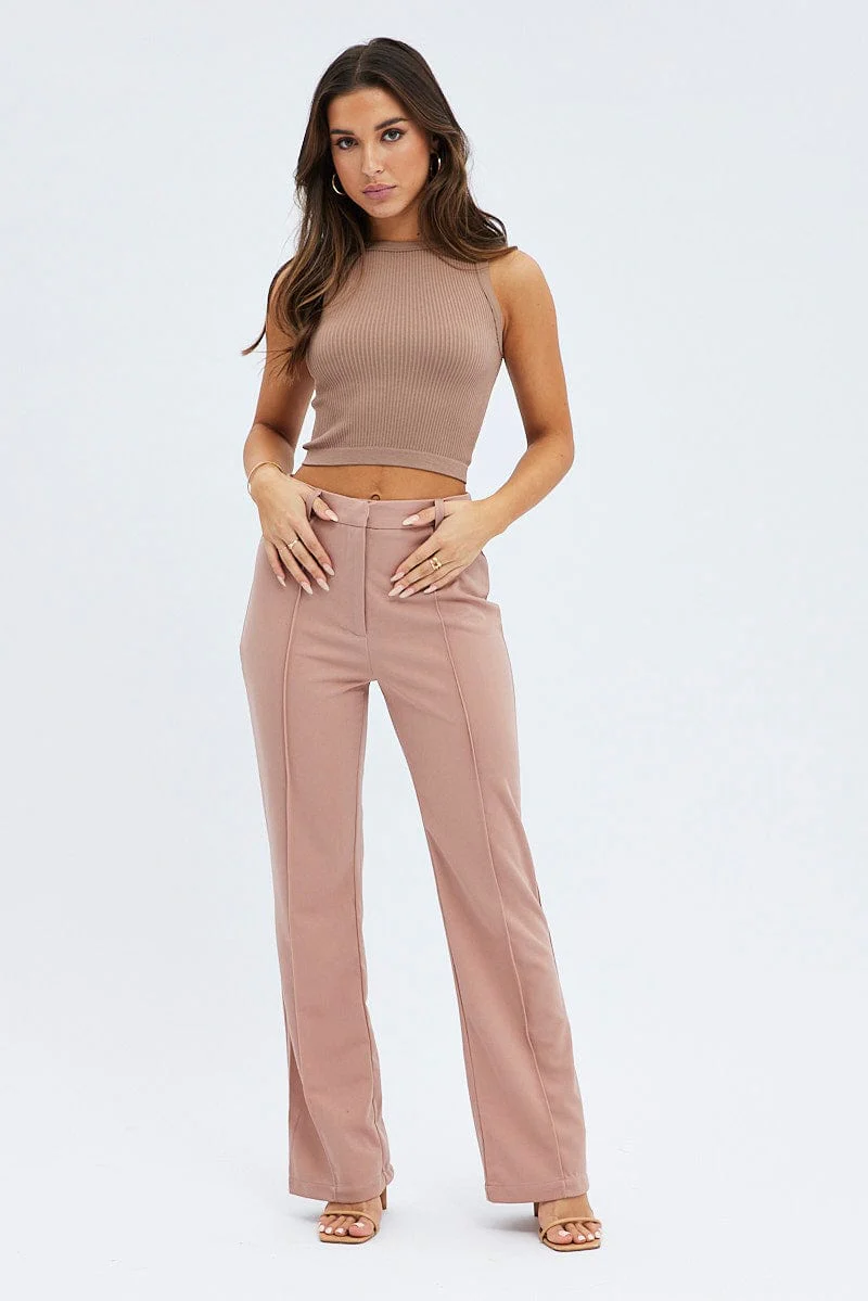 Brown Wide Leg Pants High Rise Workwear