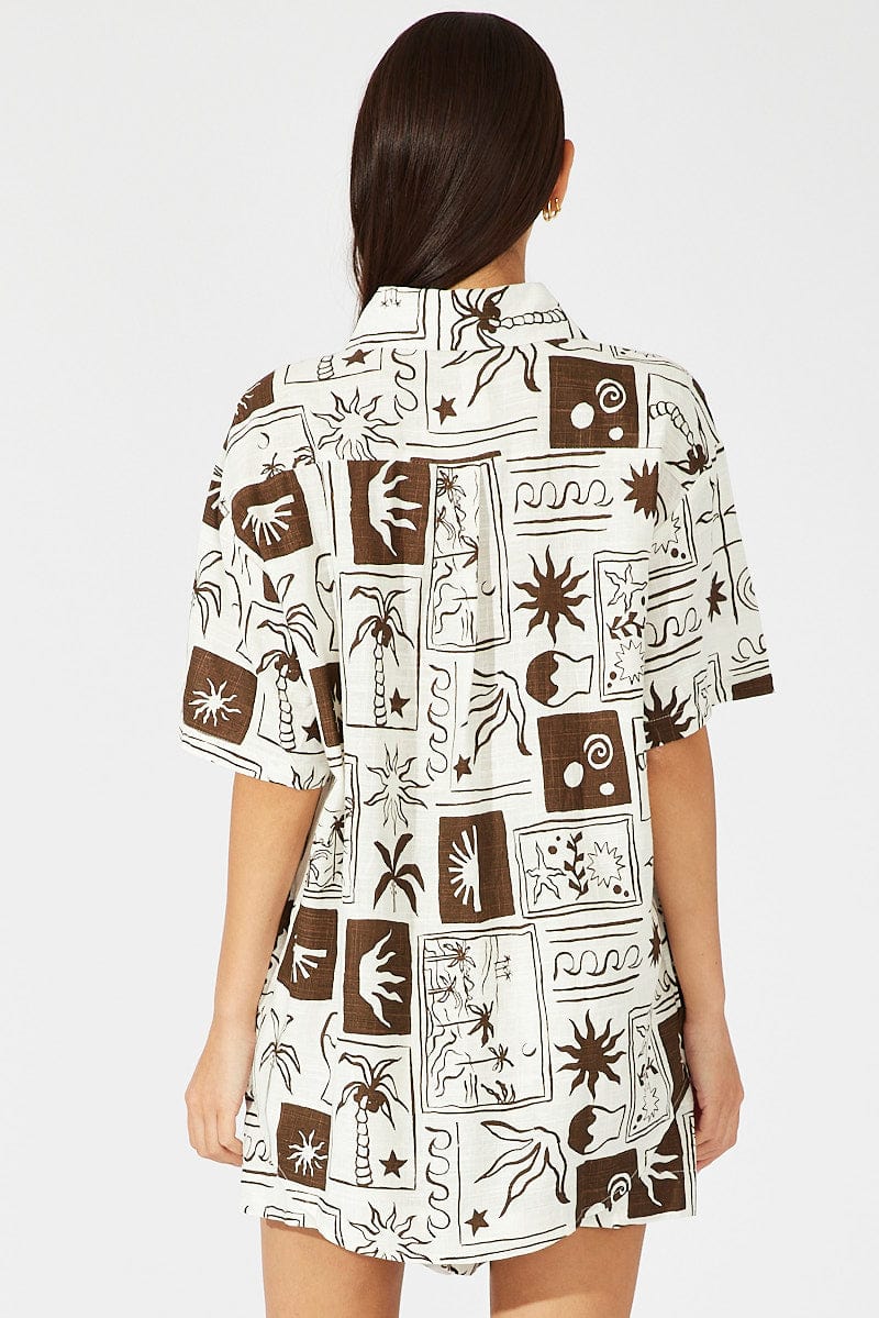 Brown Abstract Linen Shirt Short Sleeve