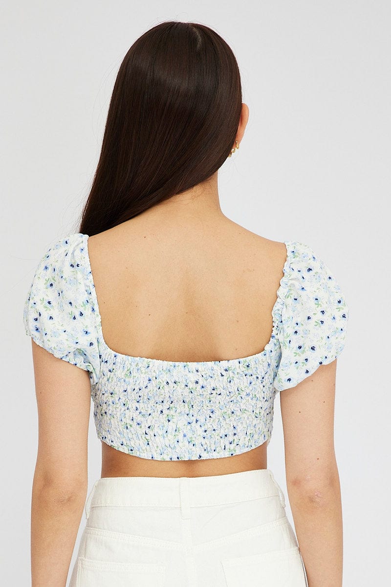 Blue Ditsy Crop Top Short Sleeve Square Neck