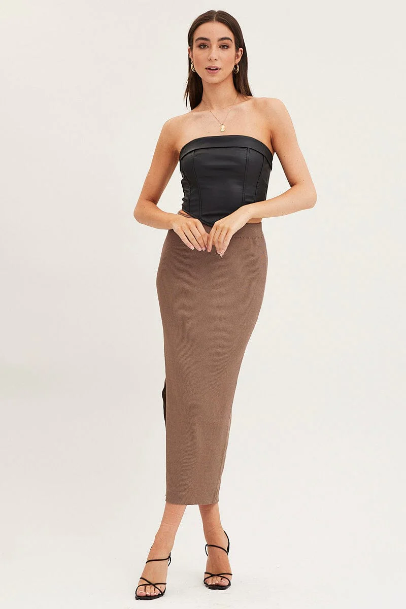 Brown Knit Skirt Midi High Rise