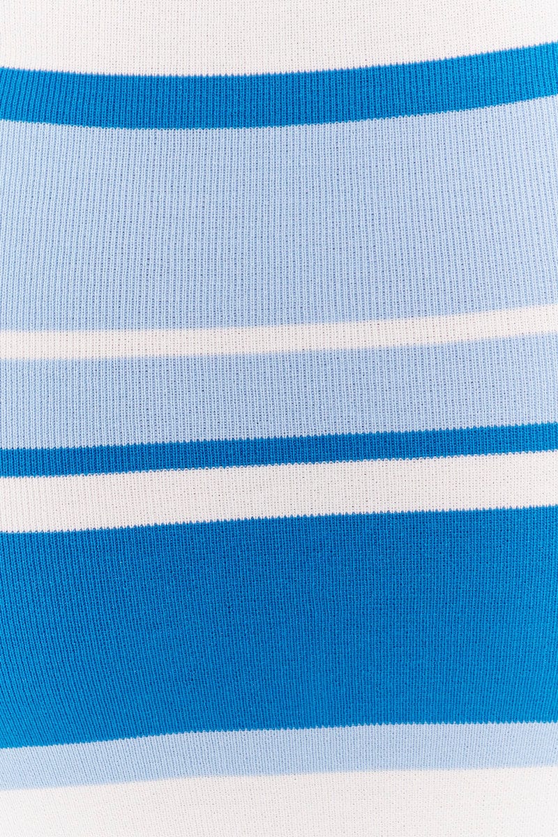 Blue Stripe Knit Dress Sleeveless Midi Cut Out
