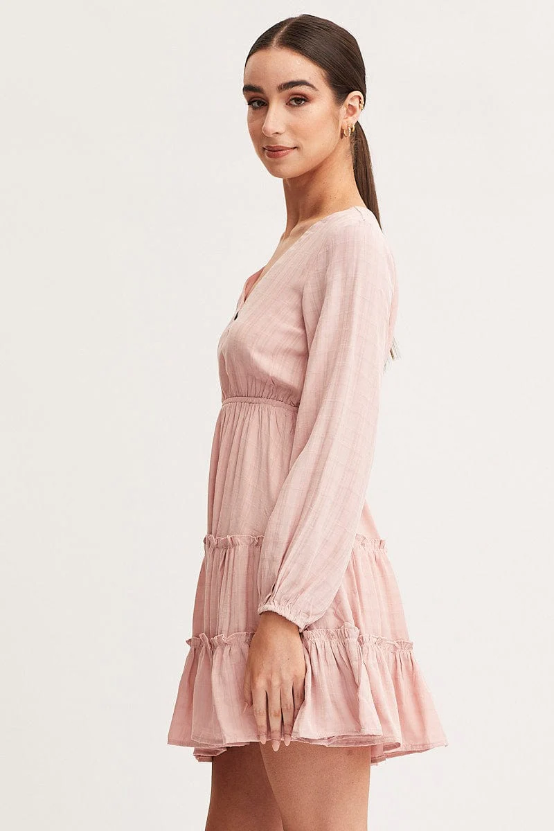 Pink Skater Dress Long Sleeve Mini