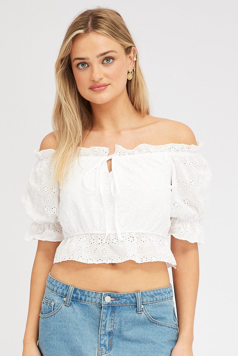 White Top Off Shoulder Short Sleeve