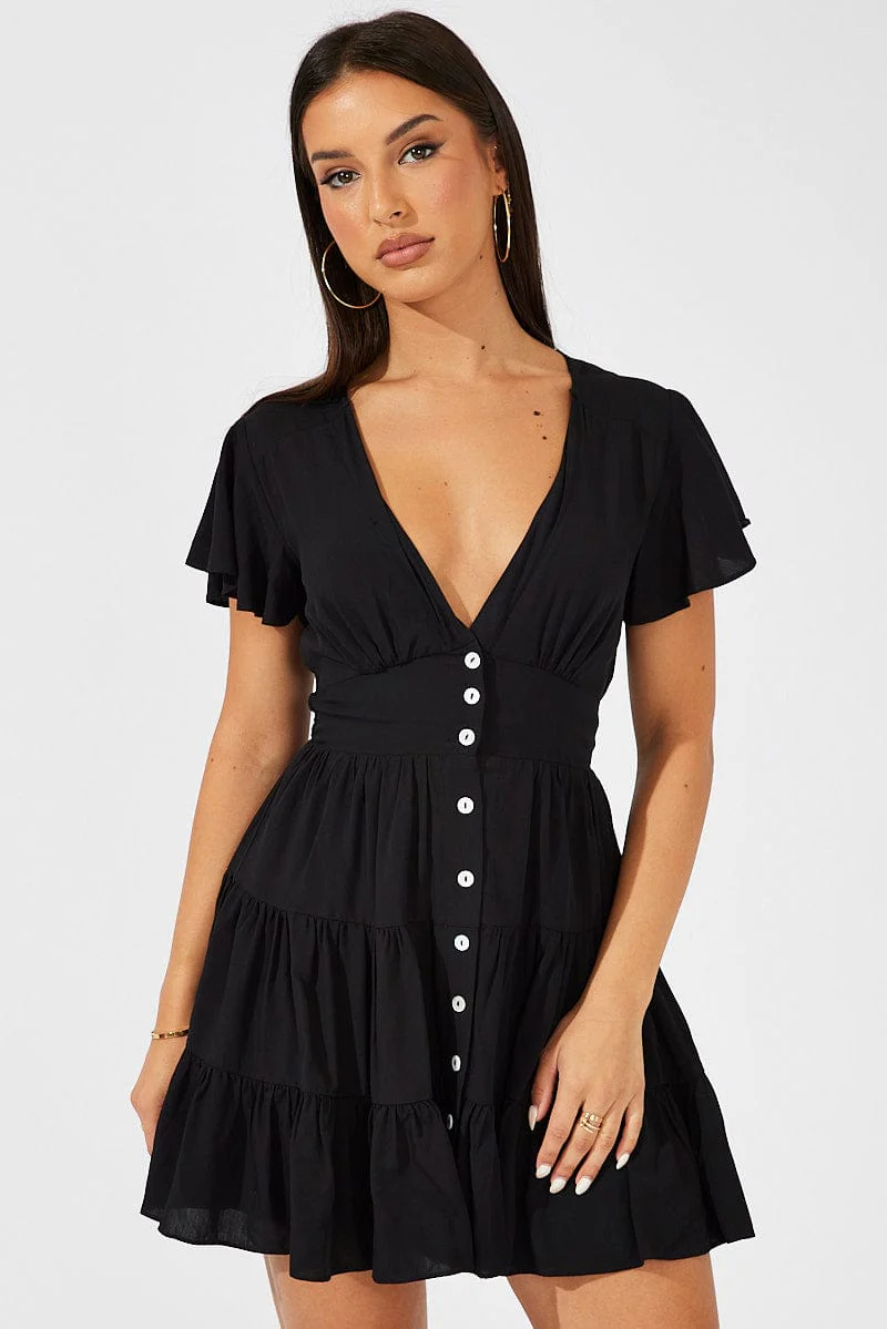 Black Fit And Flare Dress V-neck Mini