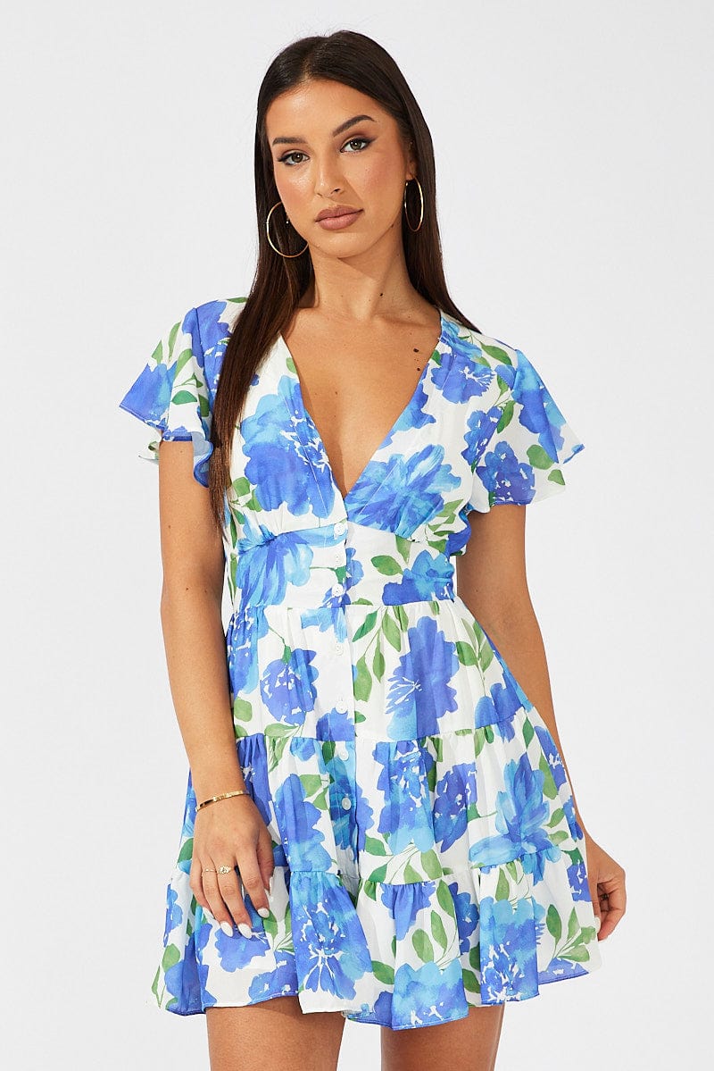 Multi Floral Fit And Flare Dress V-neck Mini