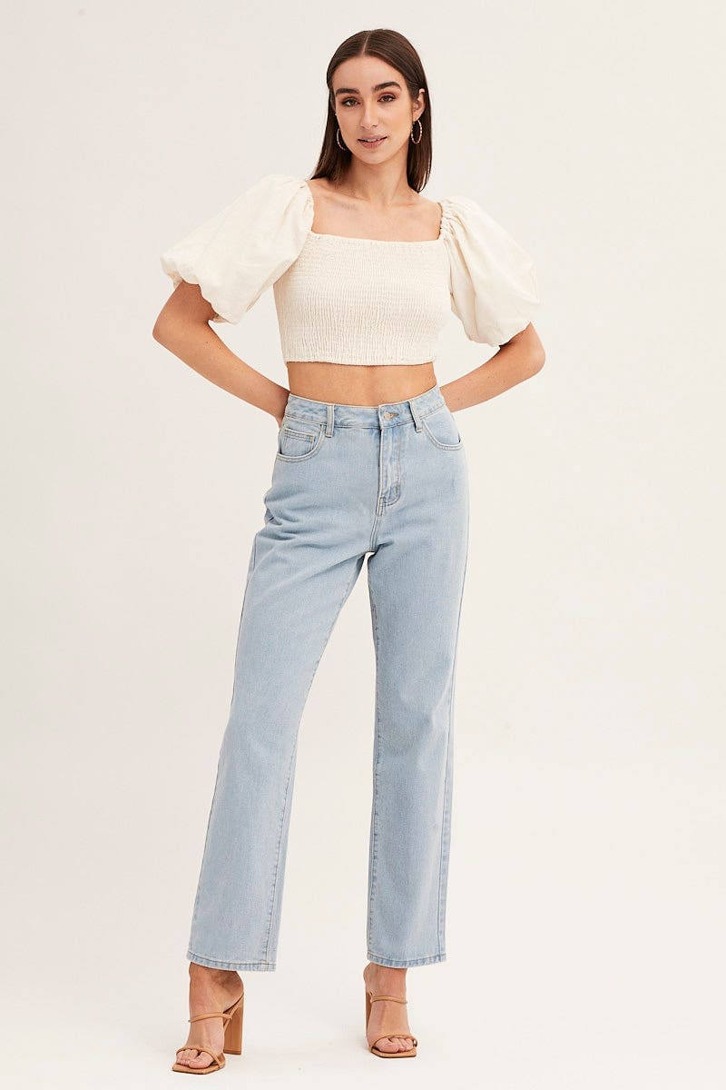 White Linen Blend Half Sleeve Shirred Cropped Top