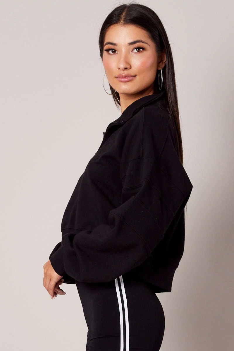 Black Zip Up Sweater Crop Long Sleeve High Neck