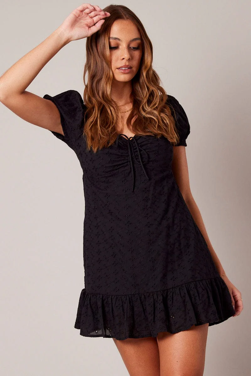 Black Fit And Flare Dress Puff Sleeve Mini