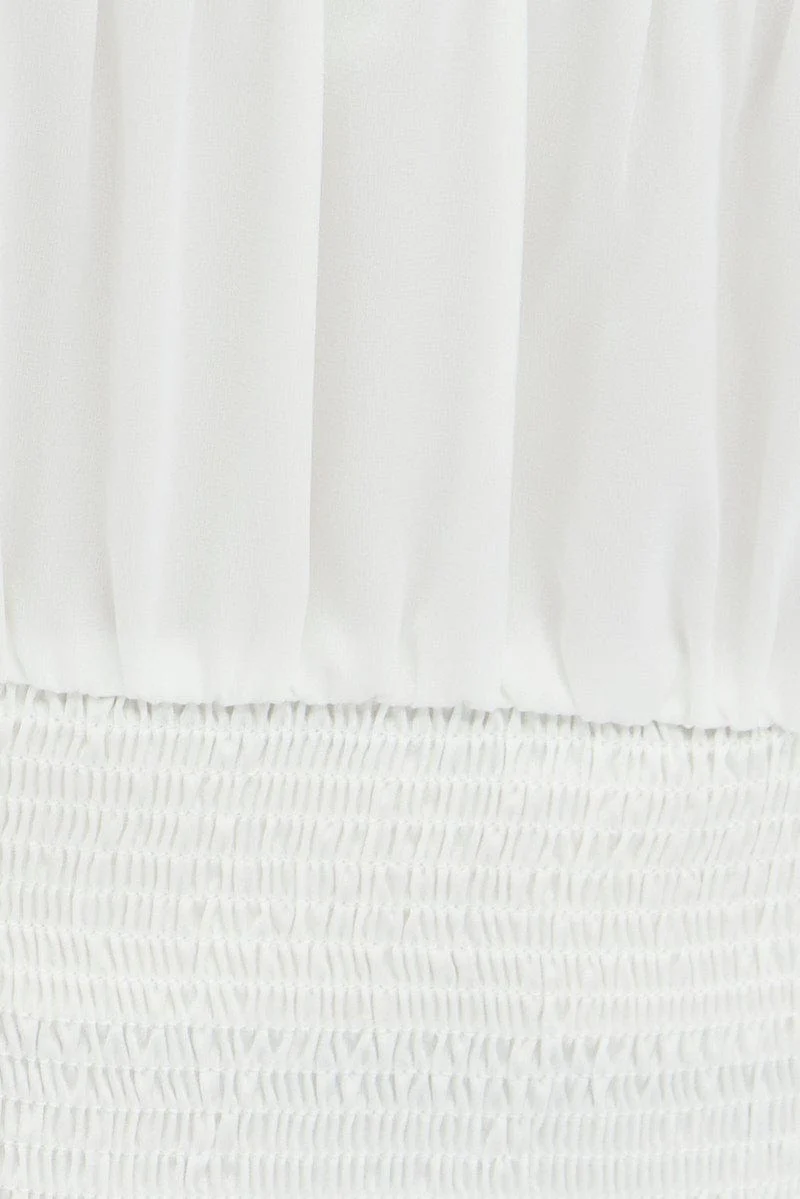 White Crop Top Long Sleeve Scoop Neck Shirred Satin