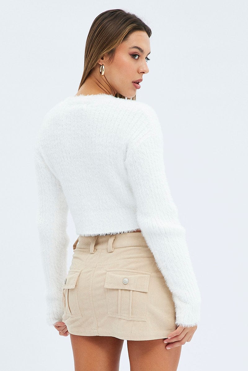 White Fluffy Knit Long Sleeve Crop