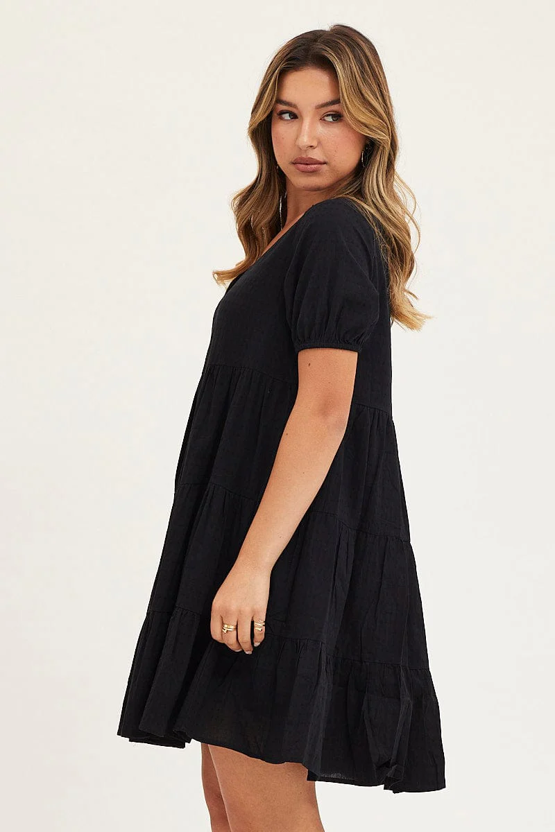 Black Tiered Dress Puff Sleeve Mini
