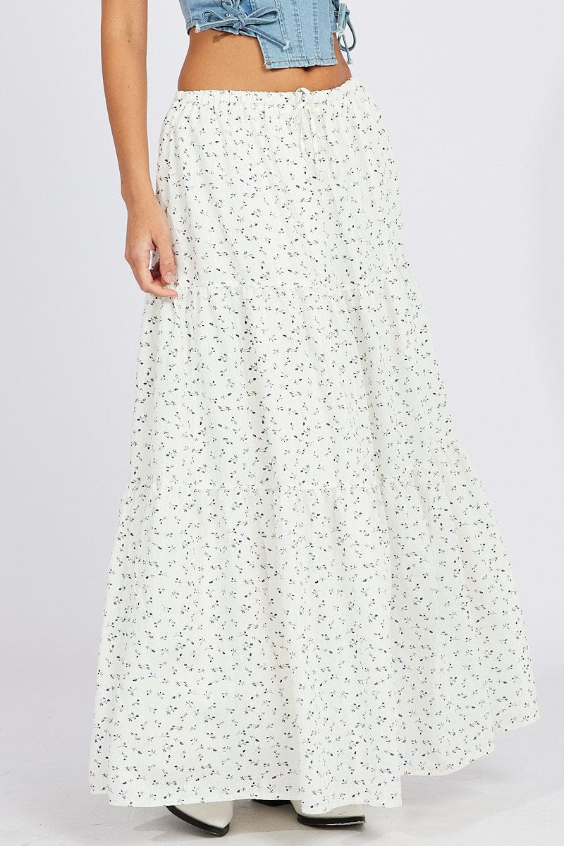 White Ditsy Maxi Skirt Elasticated Waist