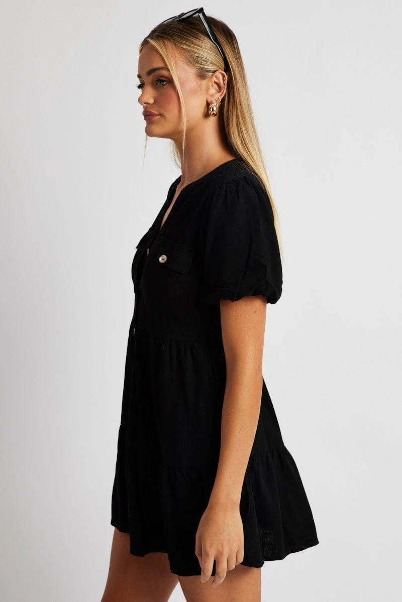 Black Button Through Mini Dress Collar Linen Blend