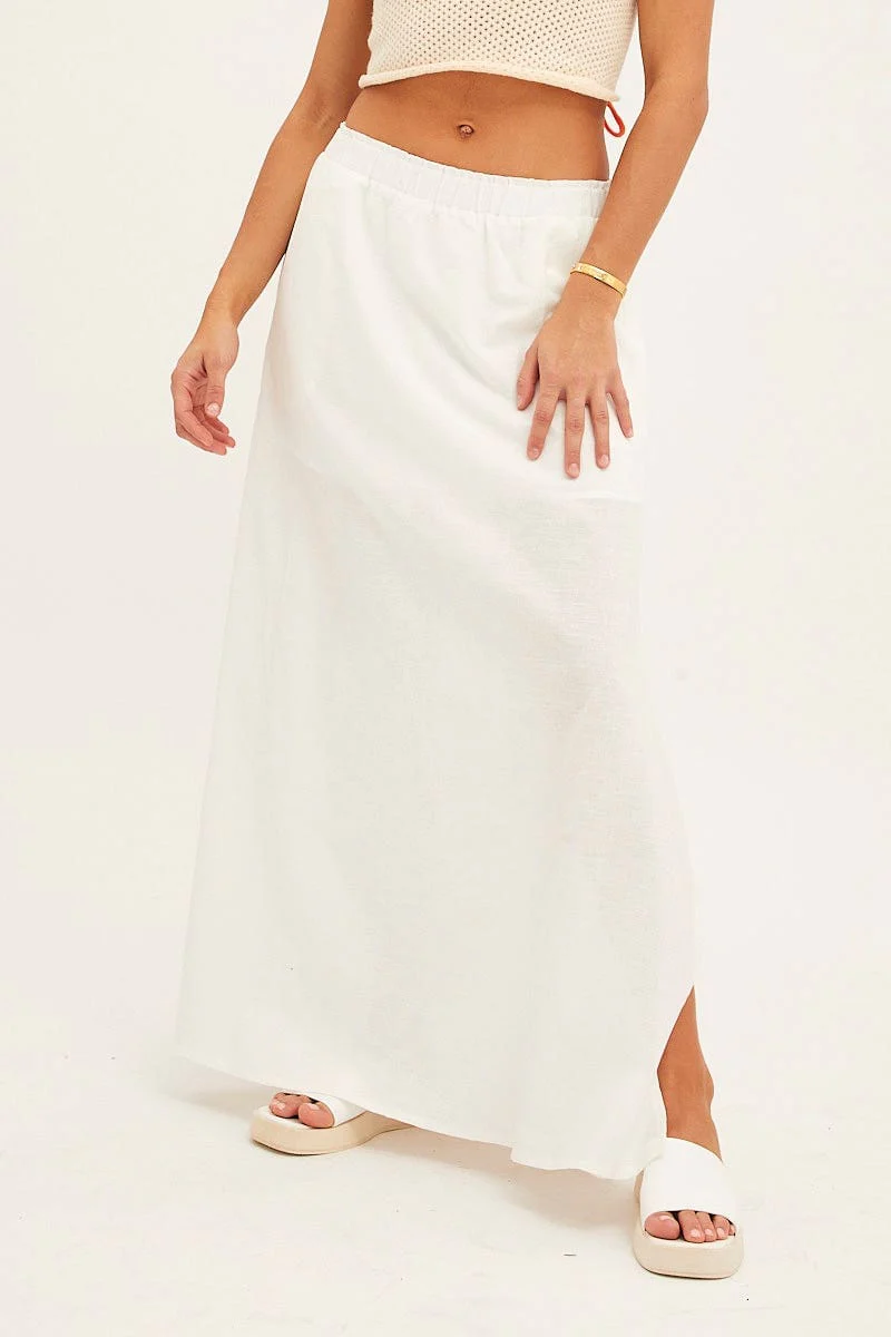 White Maxi Skirt Linen Blend Side Split