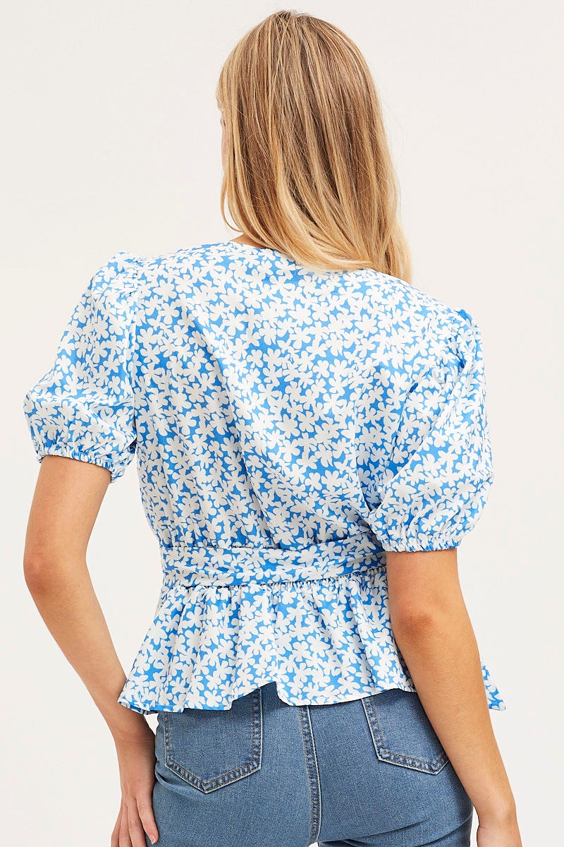 Print Wrap Top Long Sleeve Peplum