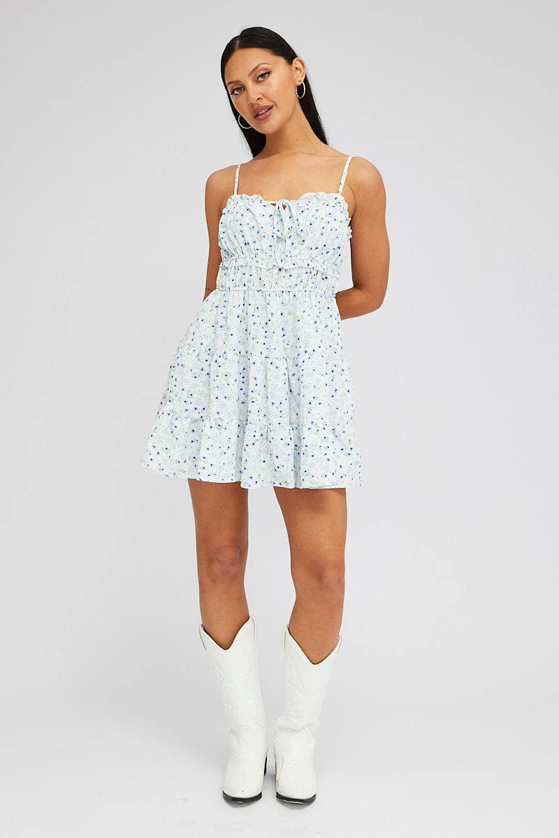 White Ditsy Fit and Flare Dress Sleeveless Tiered