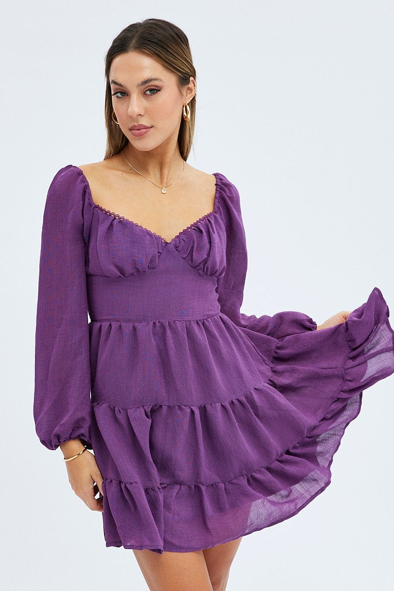 Purple Fit and Flare Dress Long Sleeve Tiered