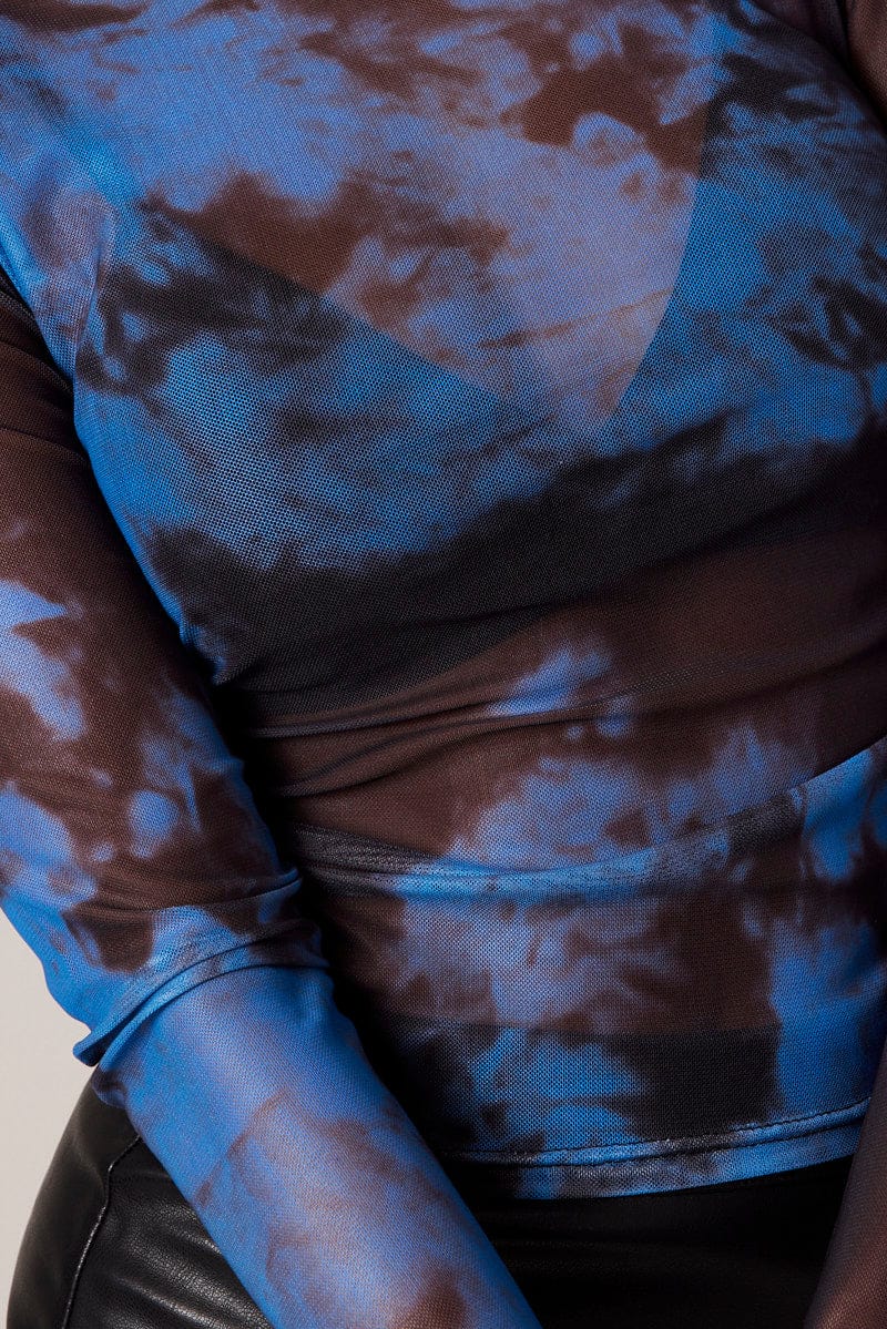 Blue Abstract Mesh Top Long Sleeve Side Rushed