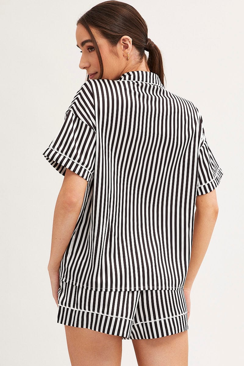 BLACK Pyjamas Set Short Sleeve Collared Shorts Satin