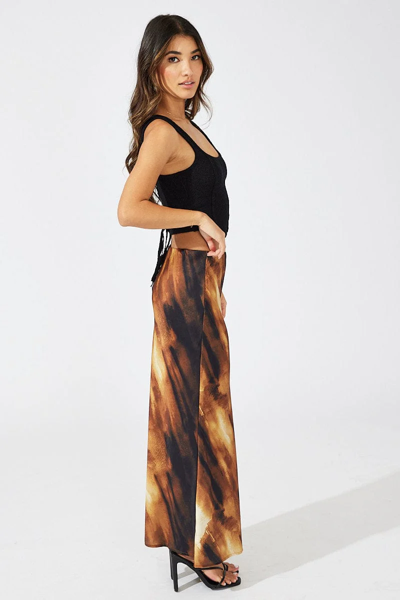 Brown Abstract Slip Skirt Maxi Satin