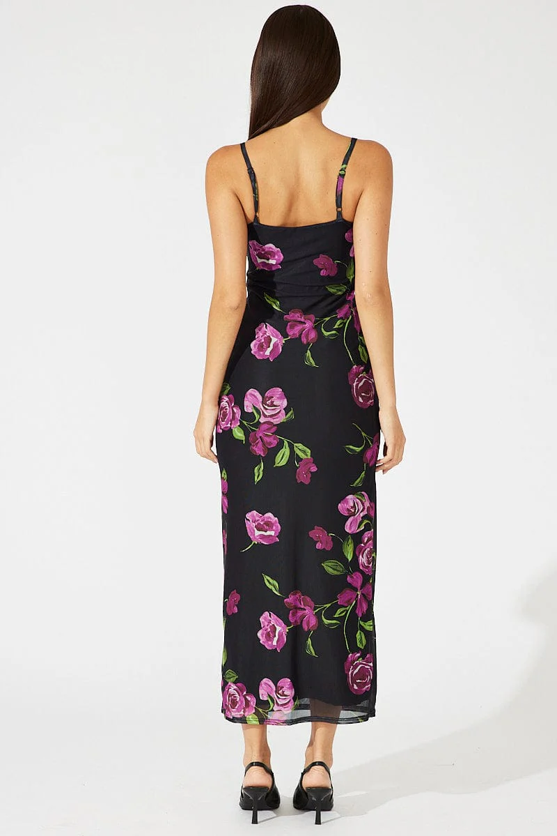 Black Floral Bodycon Maxi Dress Mesh