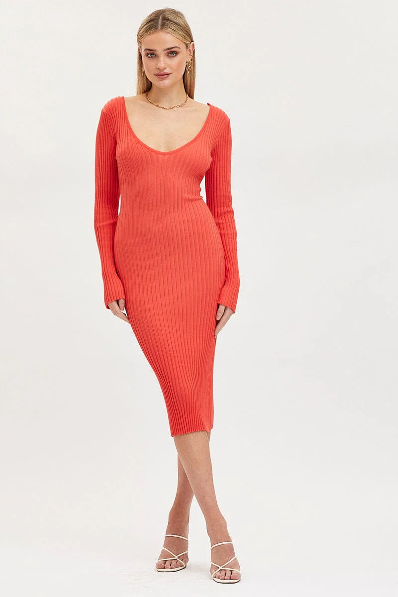 Orange Knit Dress Evening Midi