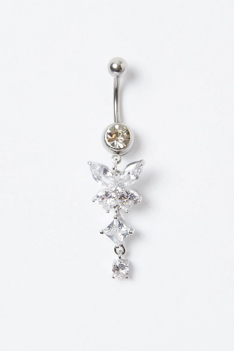 Silver Butterfly Crystal Belly Ring